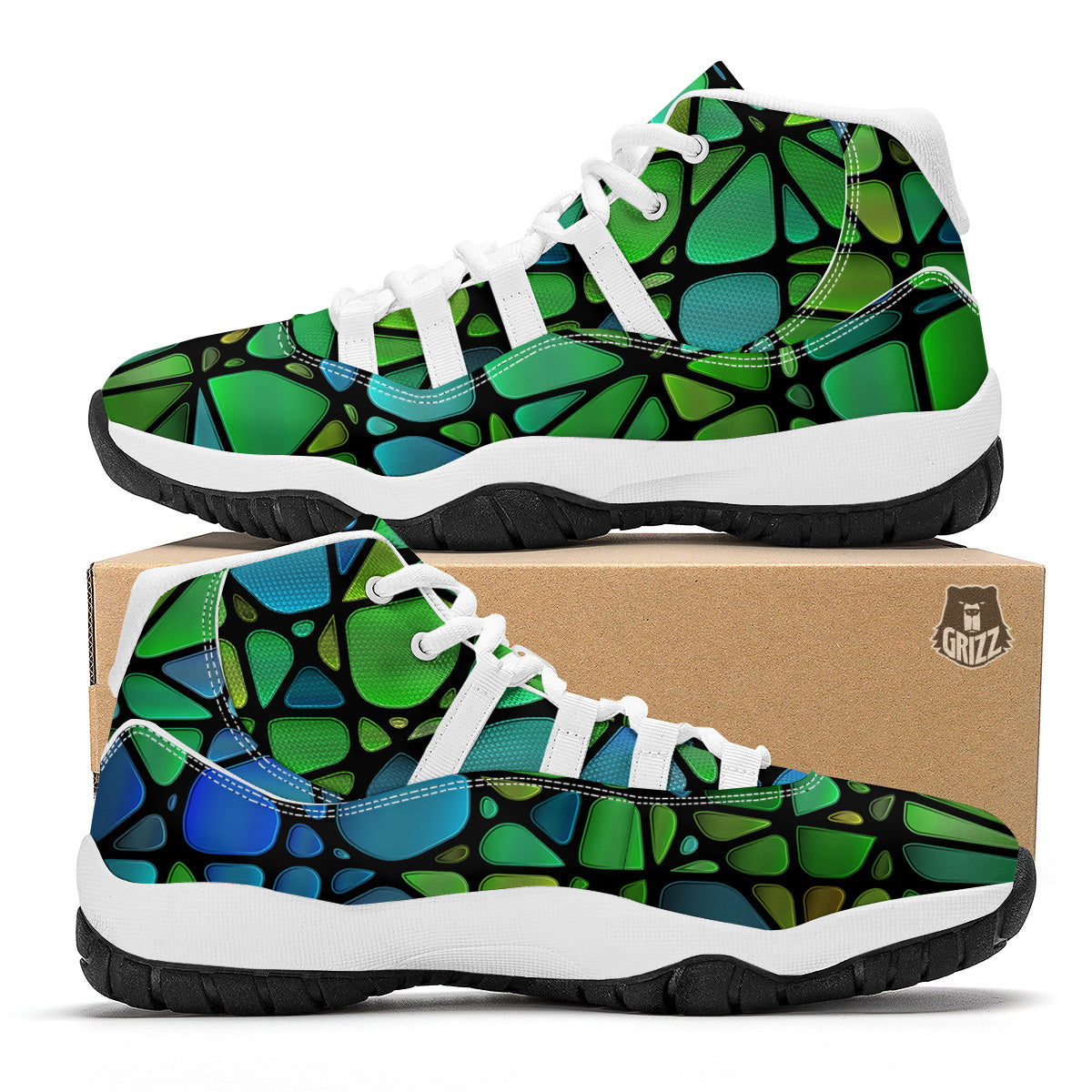 Stained Glass Green And Blue Print White Bball Shoes-grizzshop