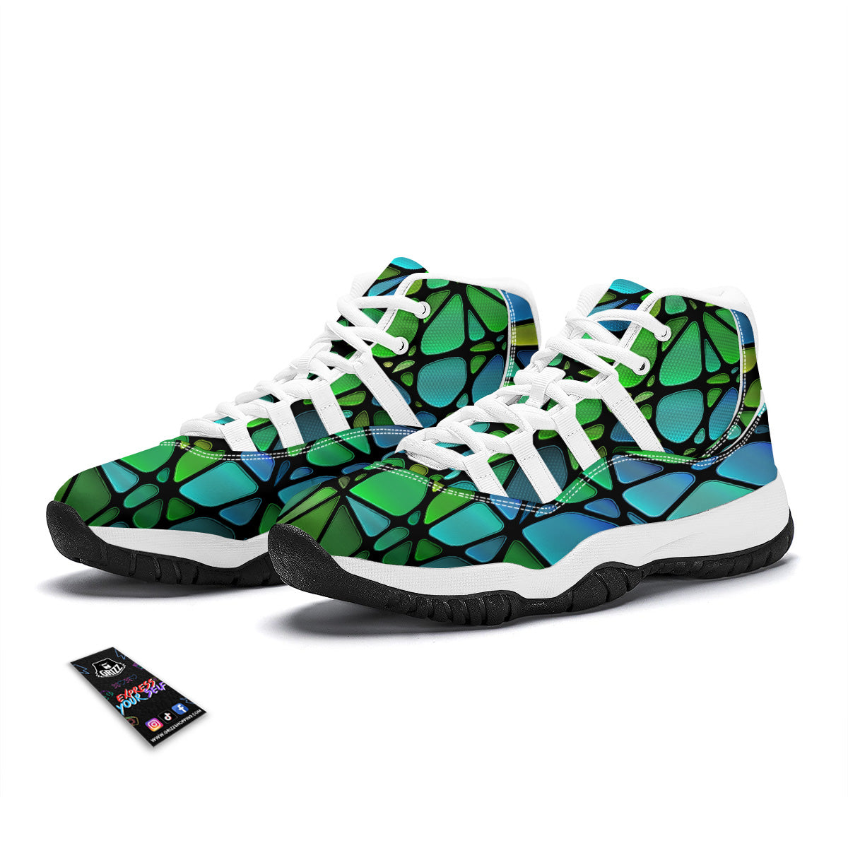Stained Glass Green And Blue Print White Bball Shoes-grizzshop
