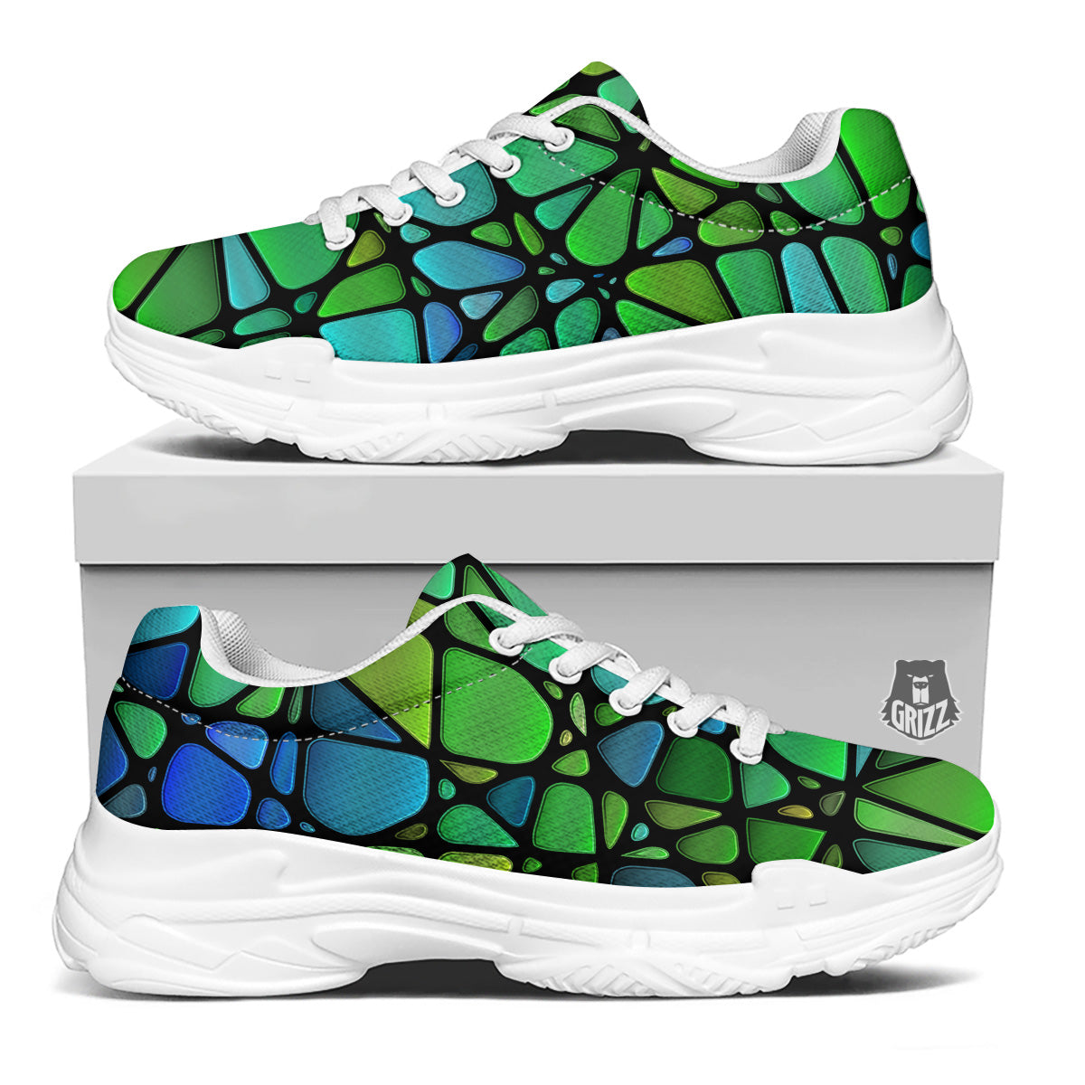 Stained Glass Green And Blue Print White Chunky Shoes-grizzshop