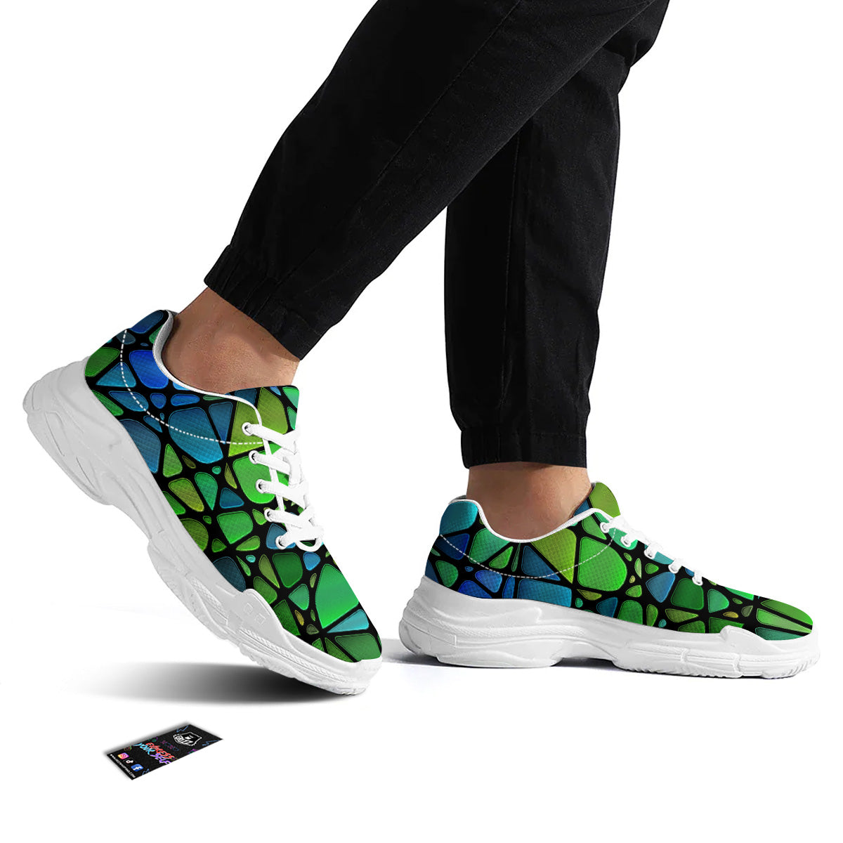Stained Glass Green And Blue Print White Chunky Shoes-grizzshop