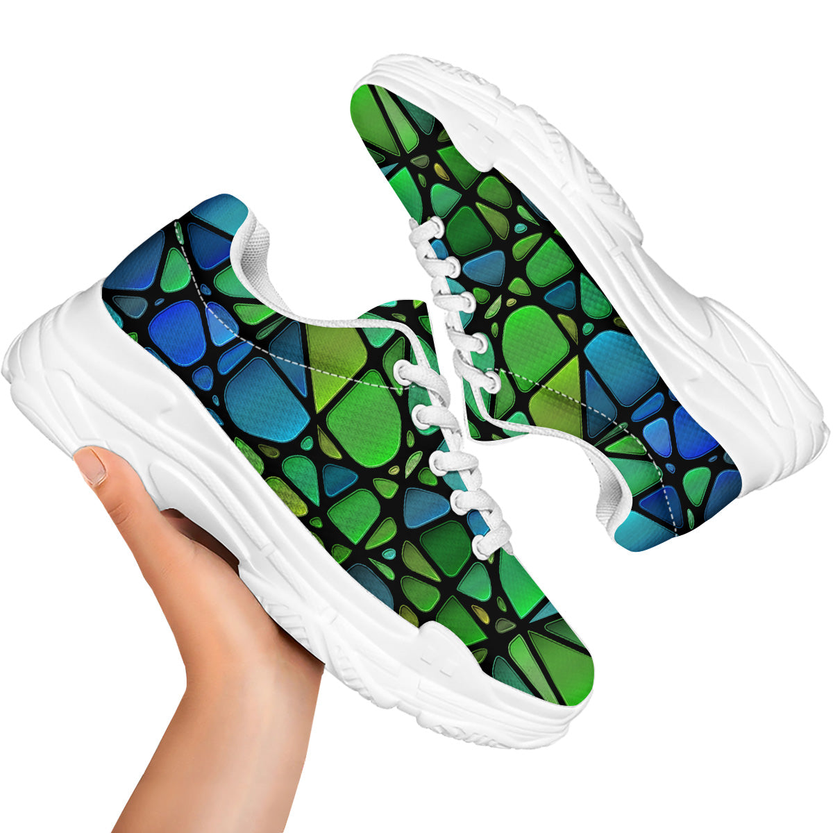 Stained Glass Green And Blue Print White Chunky Shoes-grizzshop
