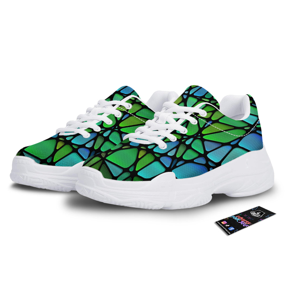 Stained Glass Green And Blue Print White Chunky Shoes-grizzshop