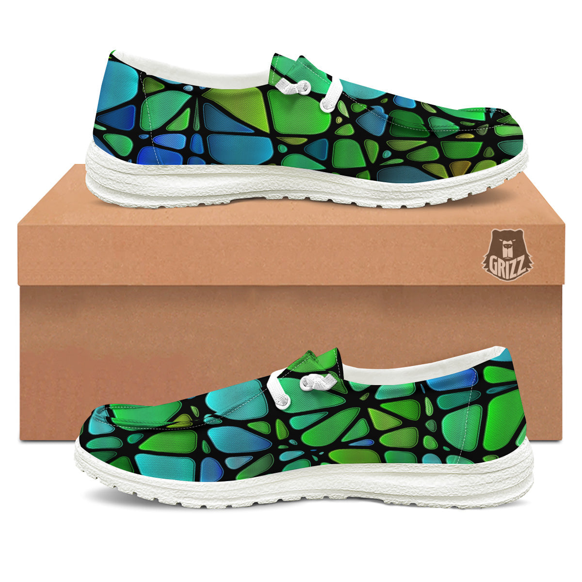 Stained Glass Green And Blue Print White Loafers-grizzshop