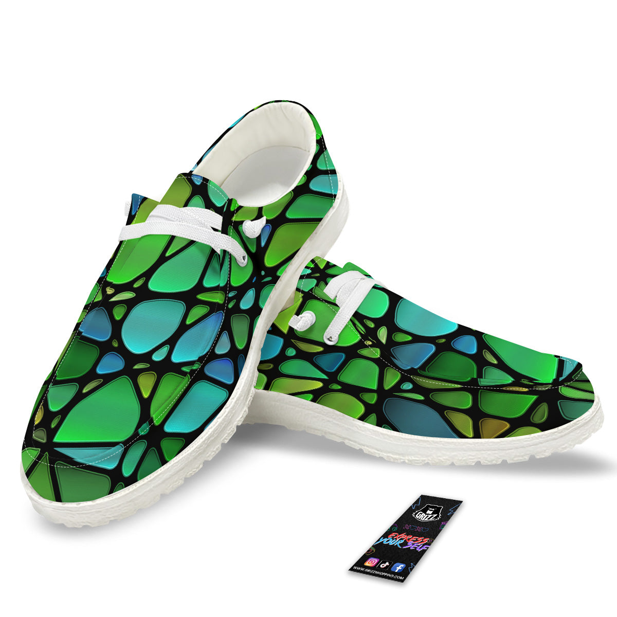 Stained Glass Green And Blue Print White Loafers-grizzshop