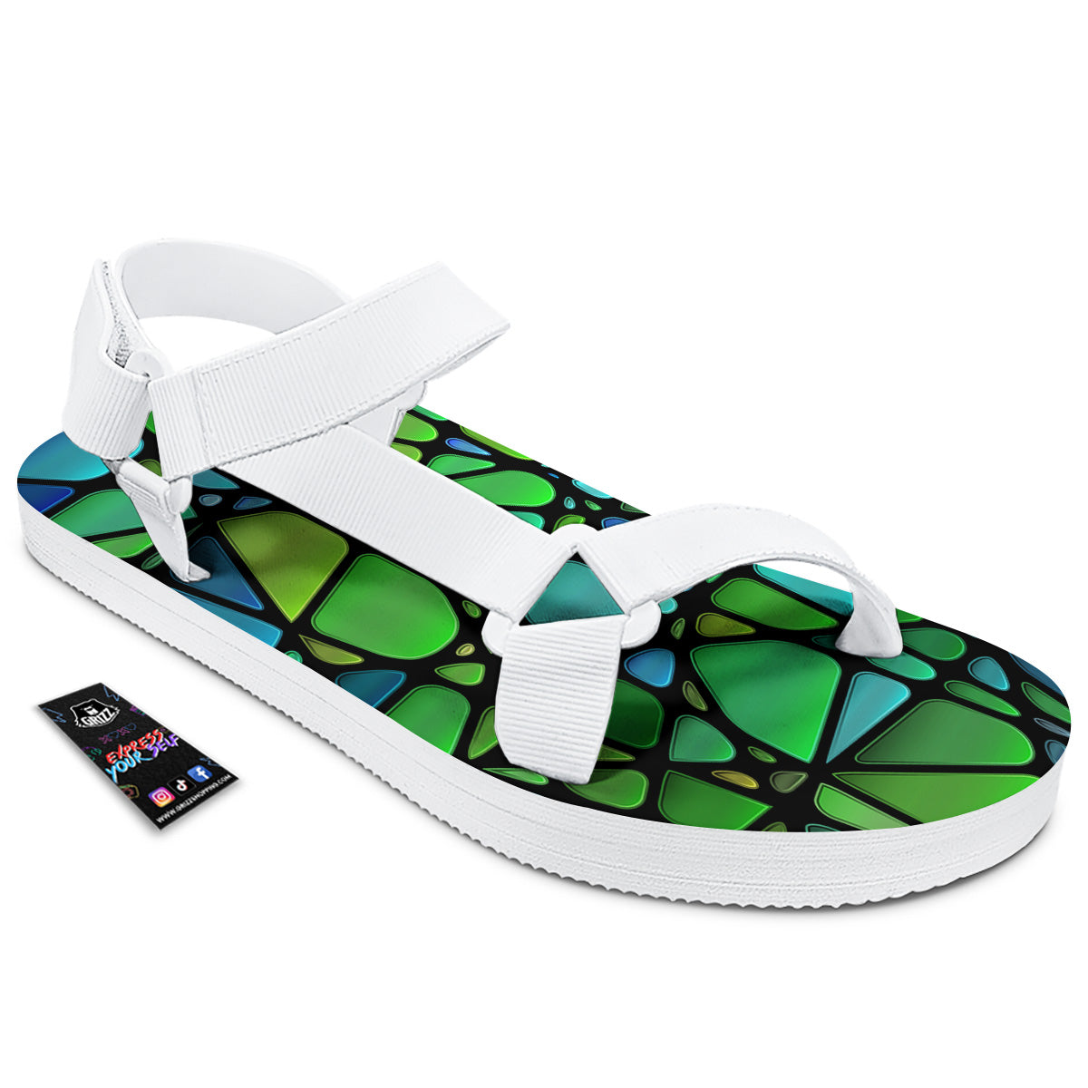 Stained Glass Green And Blue Print White Open Toe Sandals-grizzshop