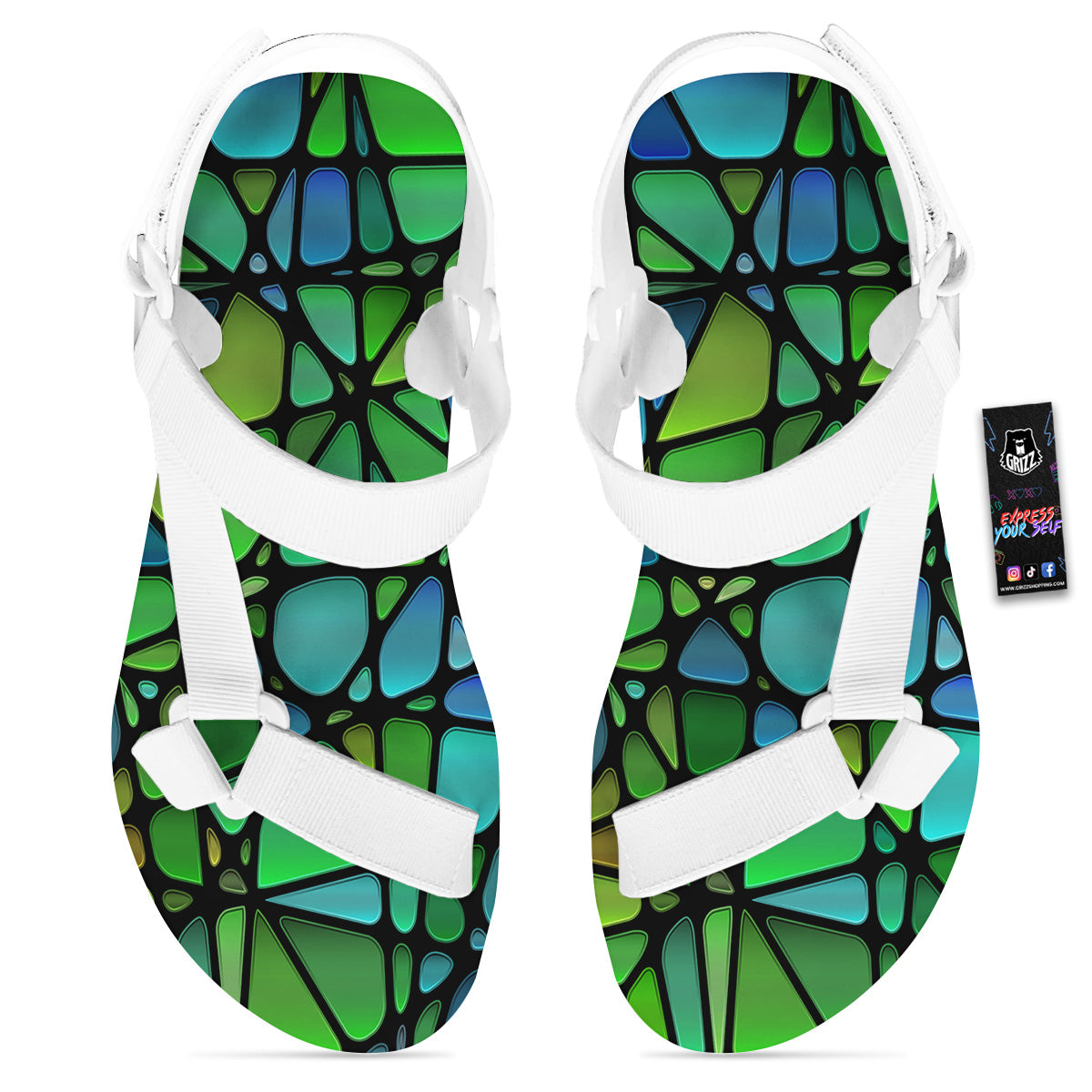 Stained Glass Green And Blue Print White Open Toe Sandals-grizzshop