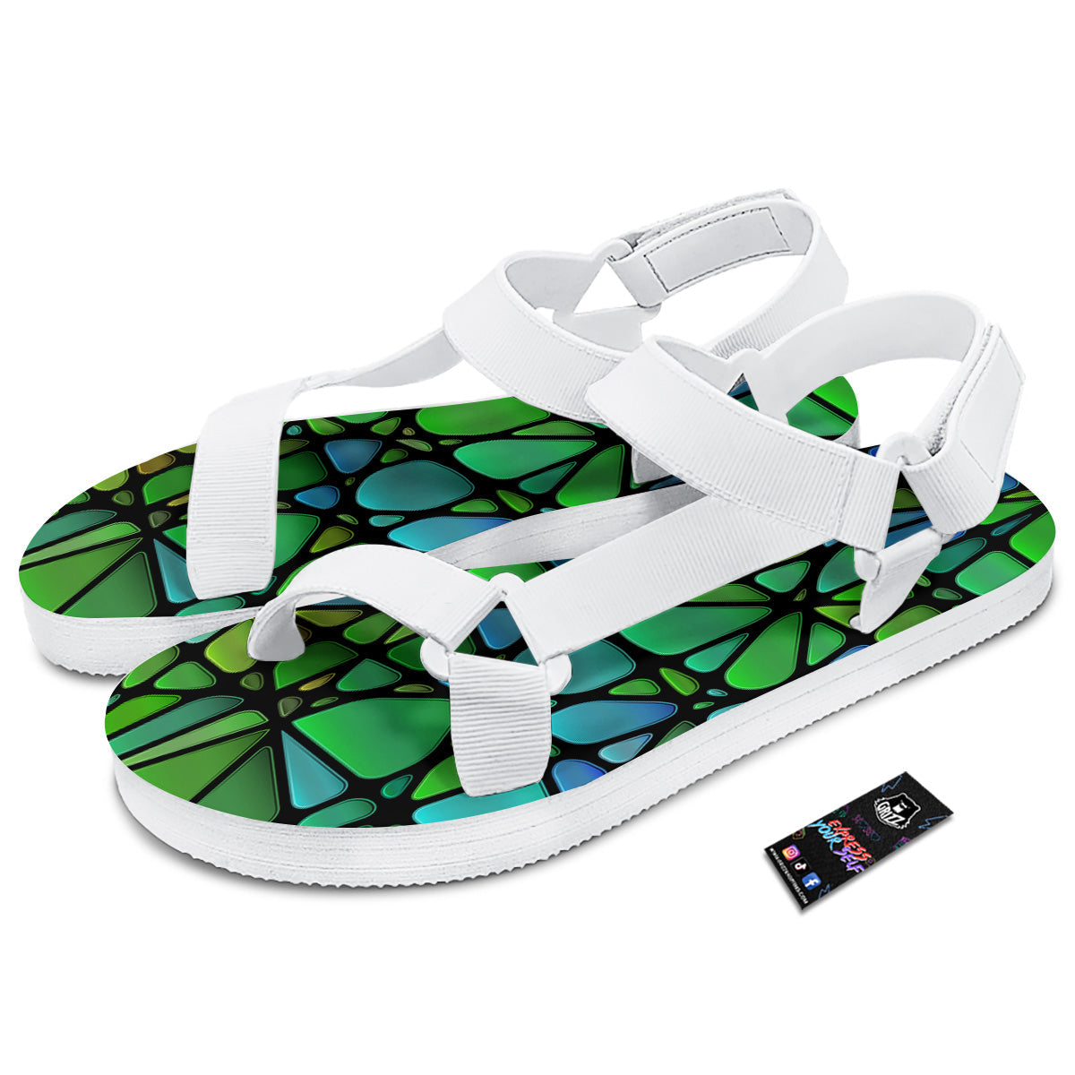 Stained Glass Green And Blue Print White Open Toe Sandals-grizzshop