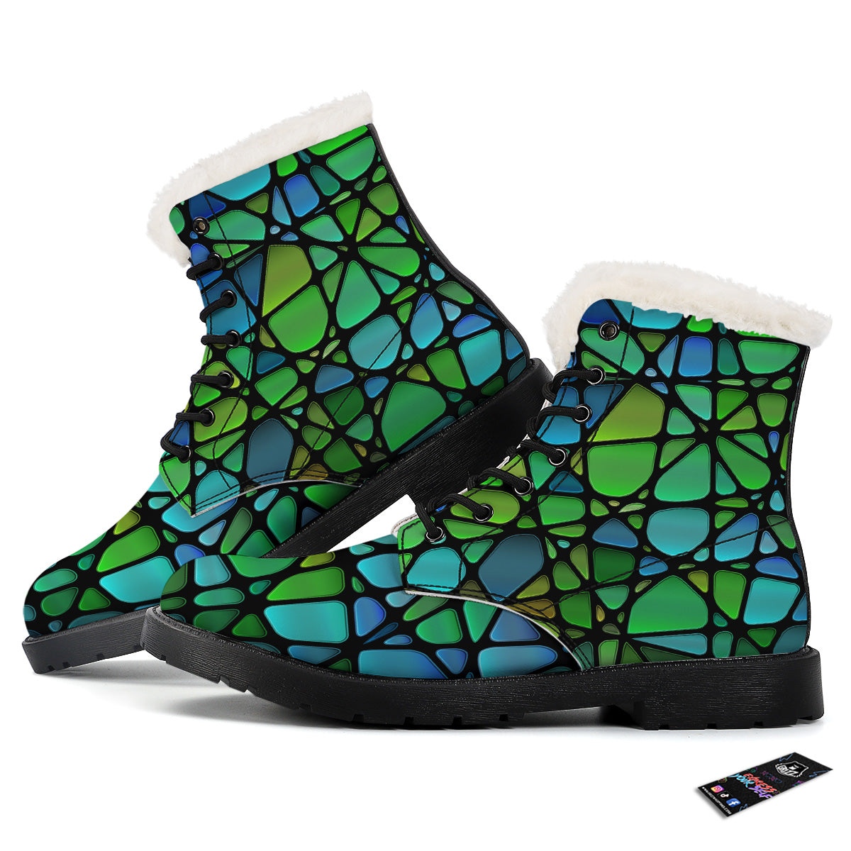 Stained Glass Green And Blue Print Winter Boots-grizzshop