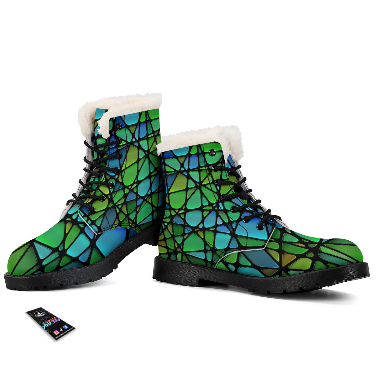 Stained Glass Green And Blue Print Winter Boots-grizzshop