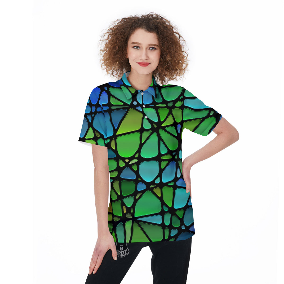 Stained Glass Green And Blue Print Women's Golf Shirts-grizzshop