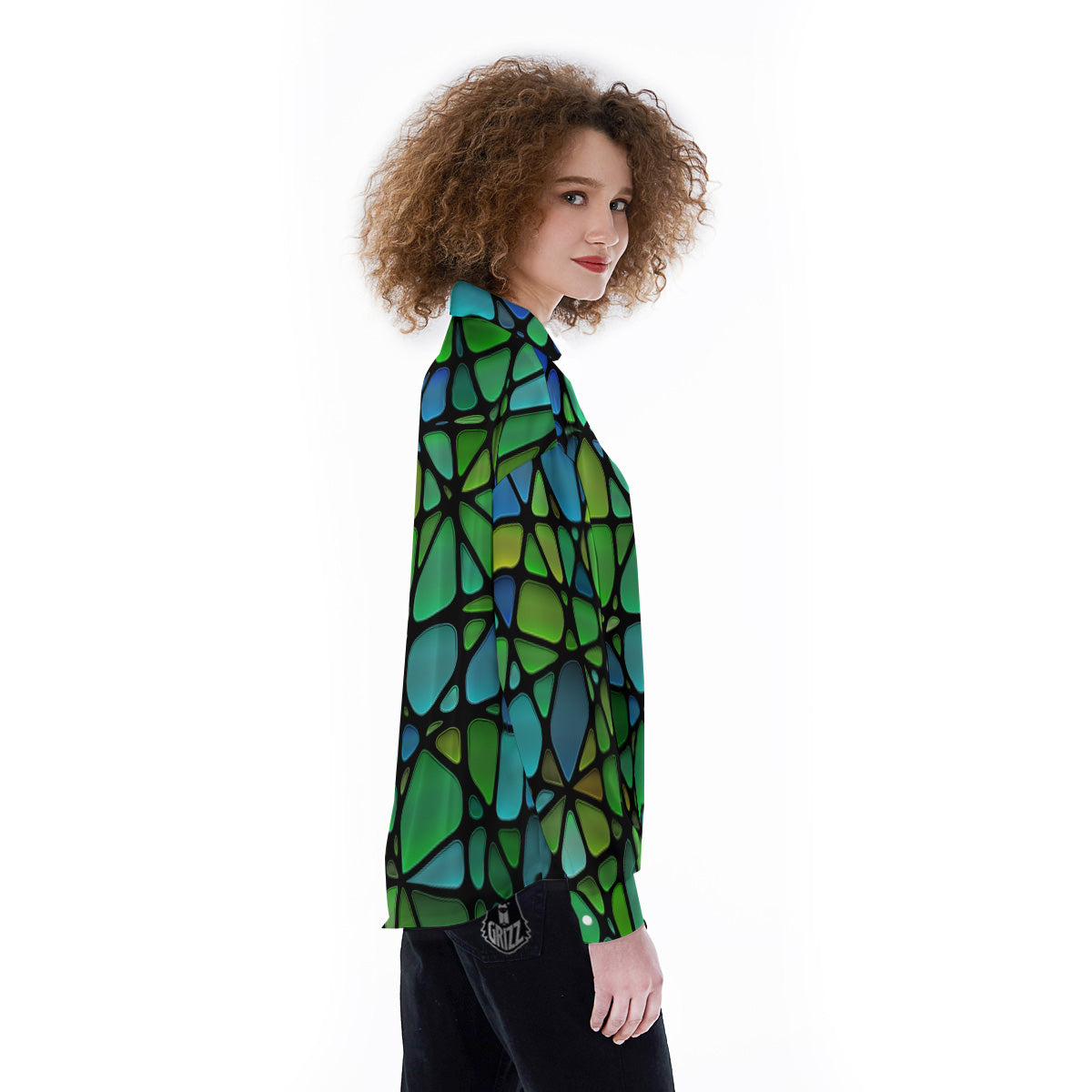 Stained Glass Green And Blue Print Women's Long Sleeve Shirts-grizzshop
