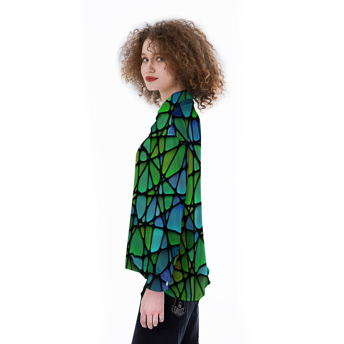 Stained Glass Green And Blue Print Women's Long Sleeve Shirts-grizzshop