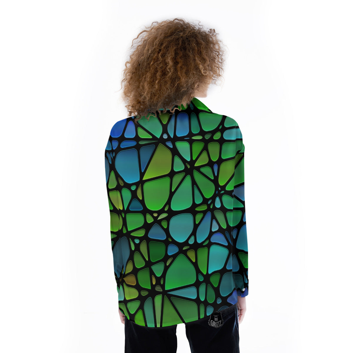 Stained Glass Green And Blue Print Women's Long Sleeve Shirts-grizzshop