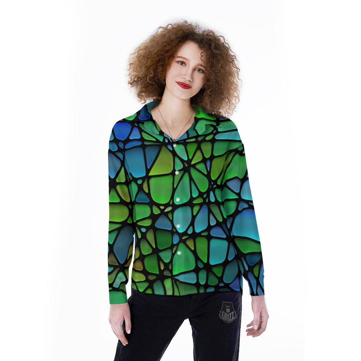 Stained Glass Green And Blue Print Women's Long Sleeve Shirts-grizzshop