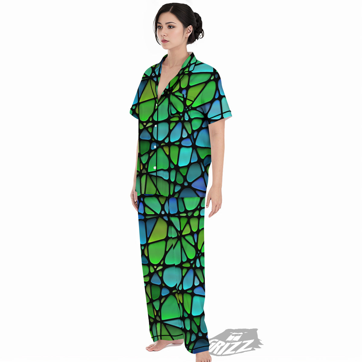 Stained Glass Green And Blue Print Women's Pajamas Set-grizzshop