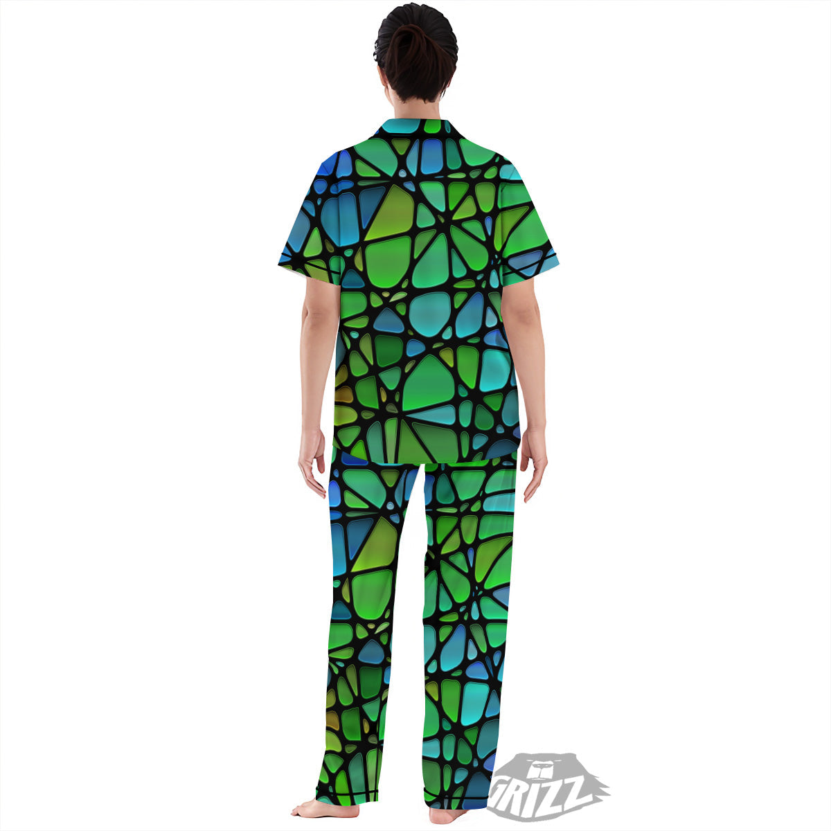 Stained Glass Green And Blue Print Women's Pajamas Set-grizzshop