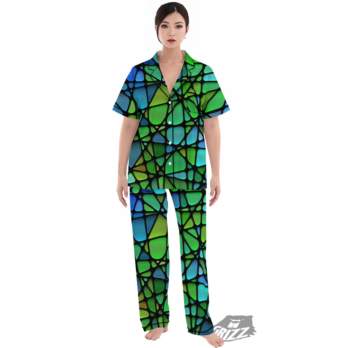 Stained Glass Green And Blue Print Women's Pajamas Set-grizzshop