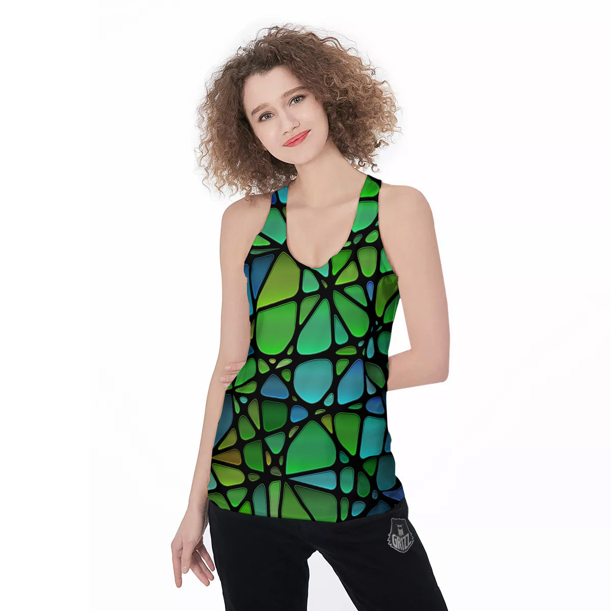 Stained Glass Green And Blue Print Women's Racerback Tank Top-grizzshop