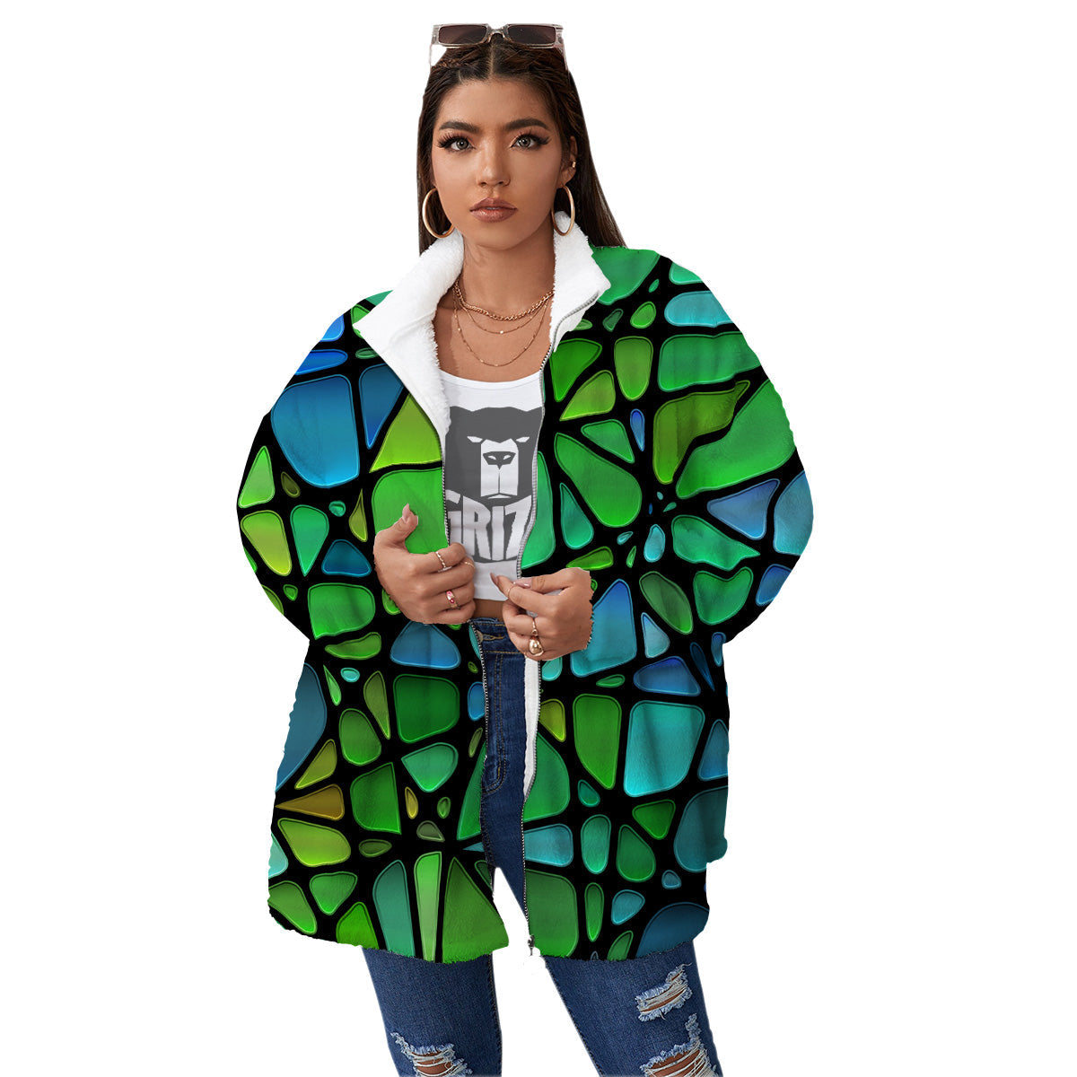 Stained Glass Green And Blue Print Women's Sherpa Jacket-grizzshop