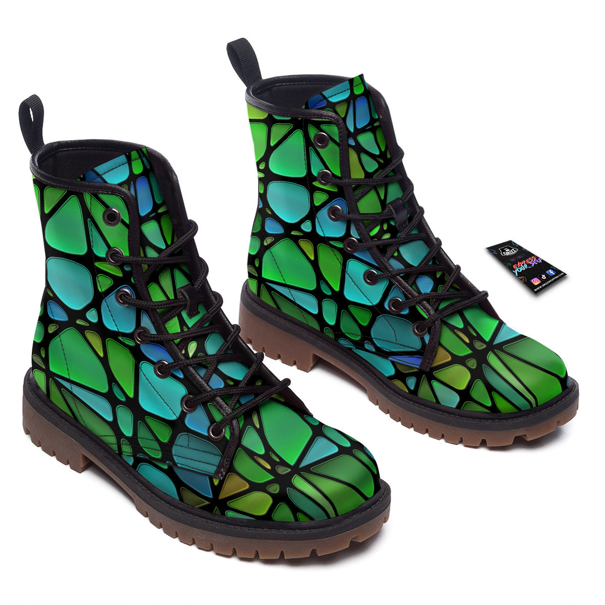 Stained Glass Green And Blue Print Work Boots-grizzshop