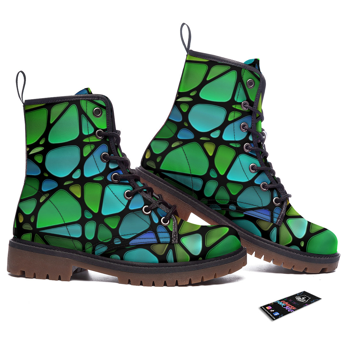 Stained Glass Green And Blue Print Work Boots-grizzshop
