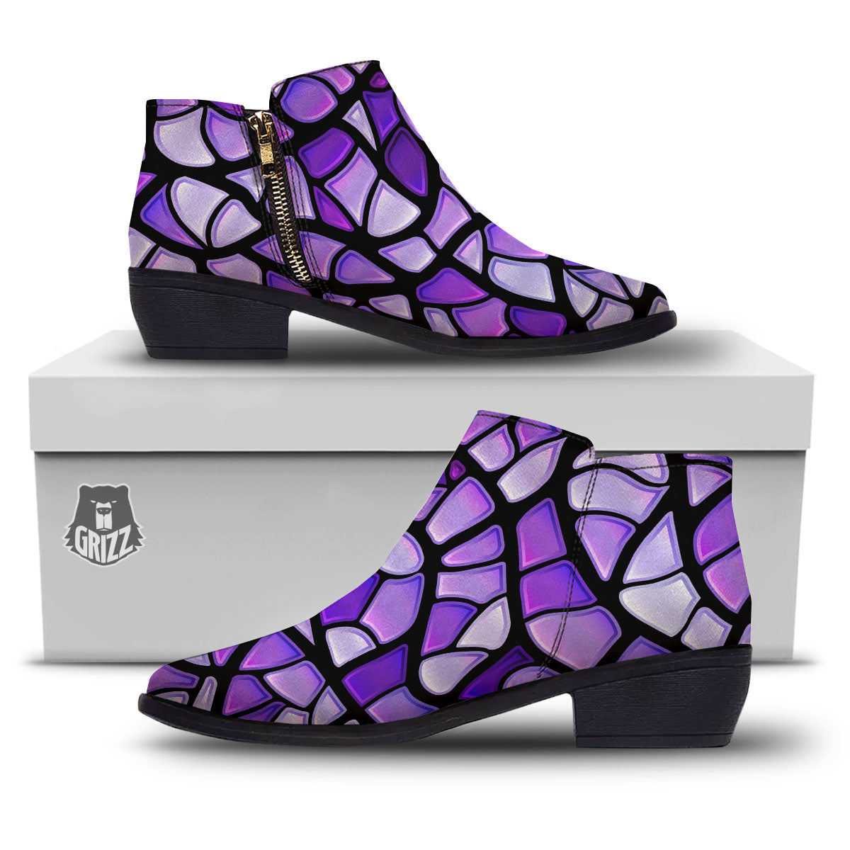 Stained Glass Mosaic Purple Print Ankle Boots-grizzshop