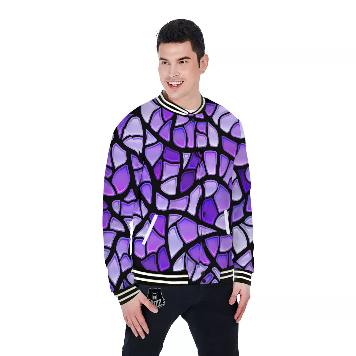 Stained Glass Mosaic Purple Print Baseball Jacket-grizzshop