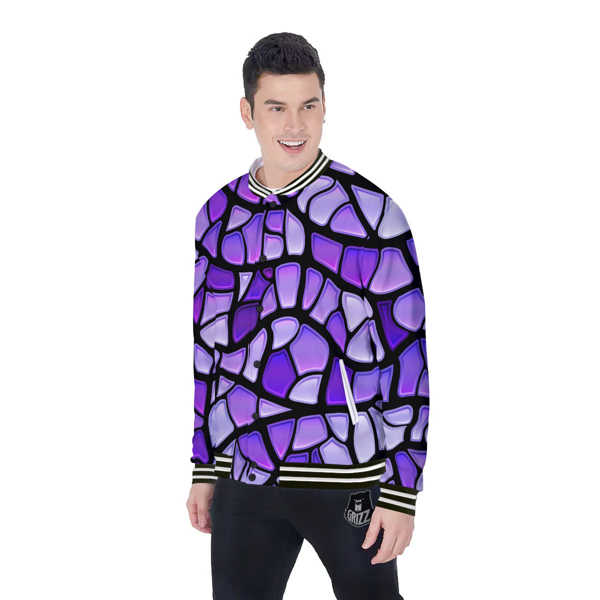 Stained Glass Mosaic Purple Print Baseball Jacket-grizzshop