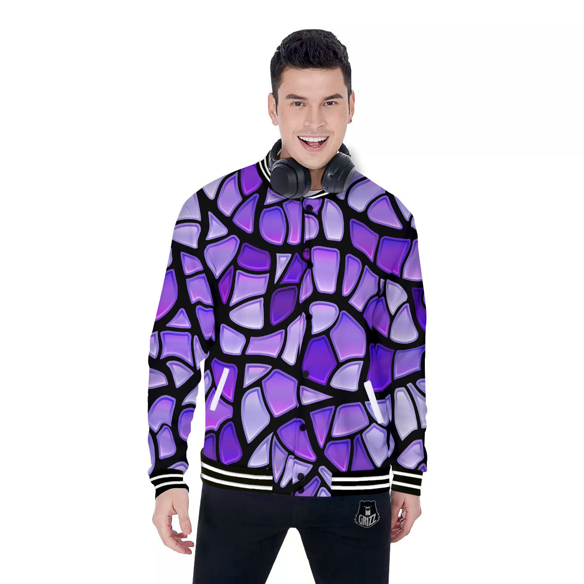 Stained Glass Mosaic Purple Print Baseball Jacket-grizzshop
