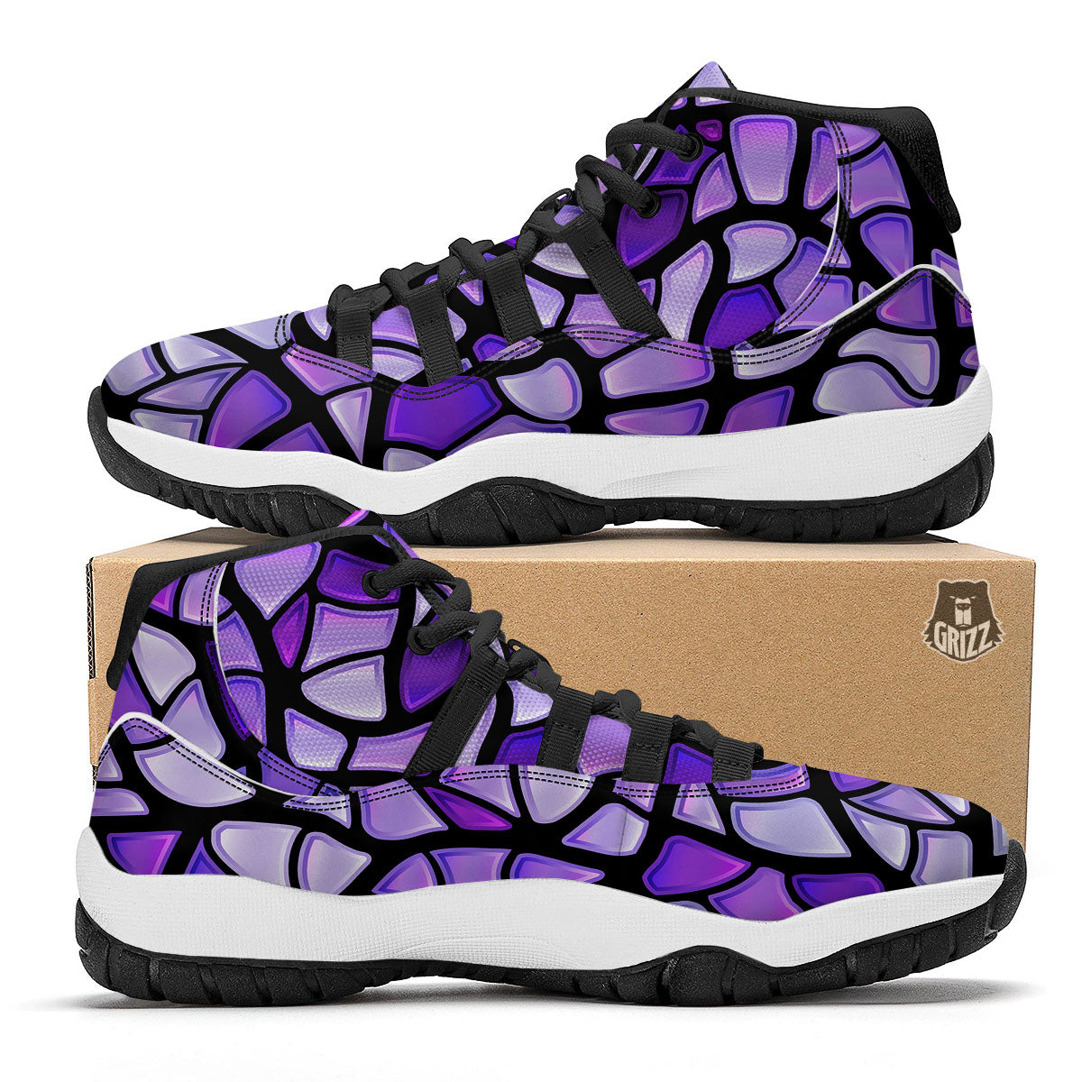 Stained Glass Mosaic Purple Print Black Bball Shoes-grizzshop