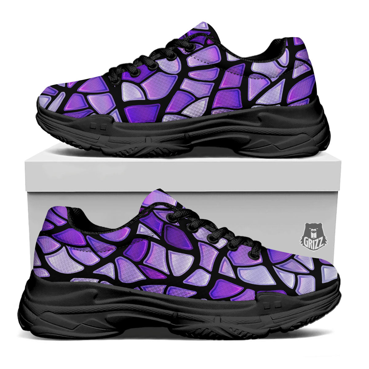 Stained Glass Mosaic Purple Print Black Chunky Shoes-grizzshop