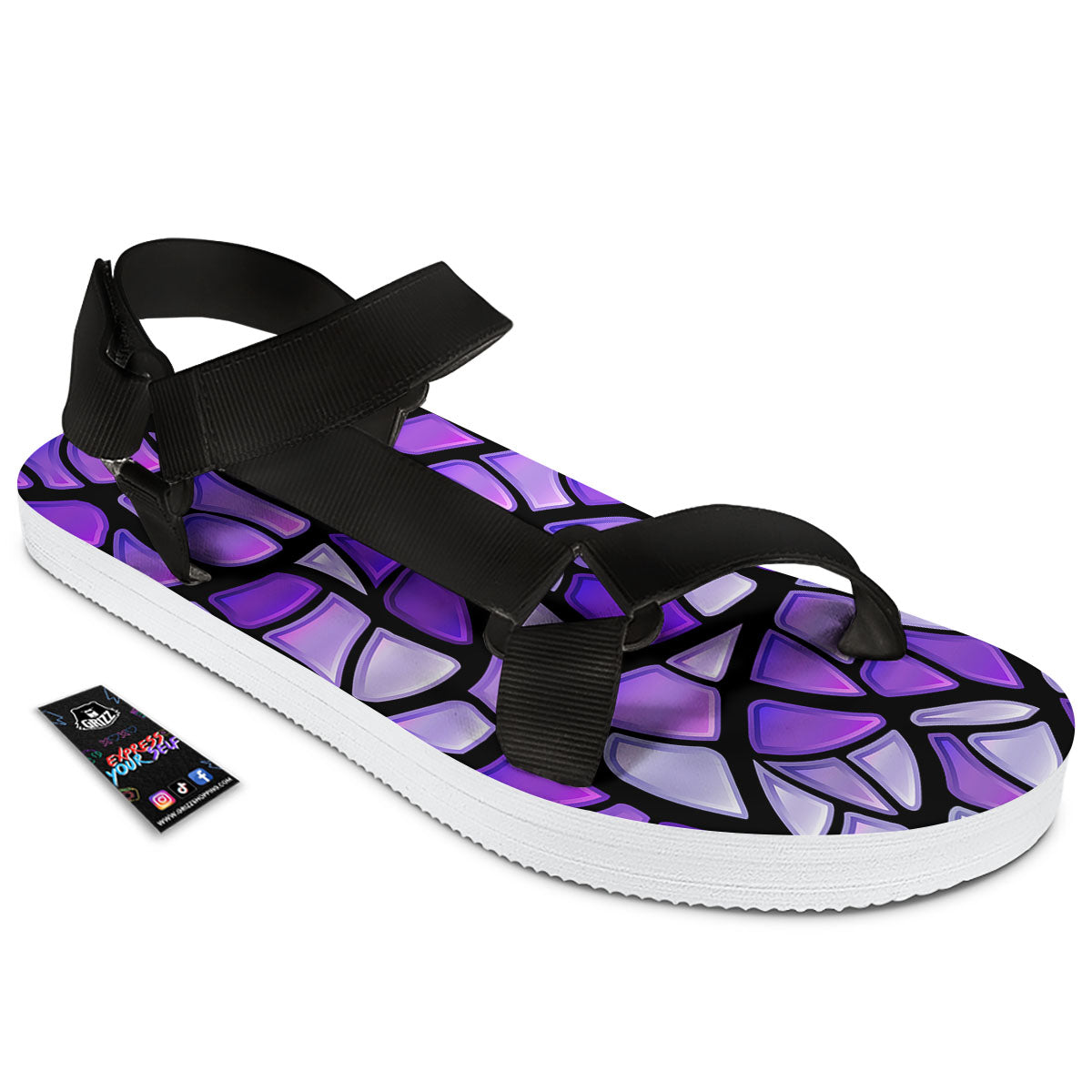 Stained Glass Mosaic Purple Print Black Open Toe Sandals-grizzshop