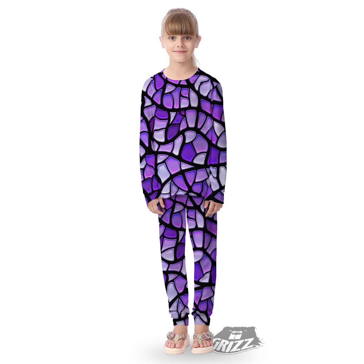 Stained Glass Mosaic Purple Print Kid's Pajamas-grizzshop