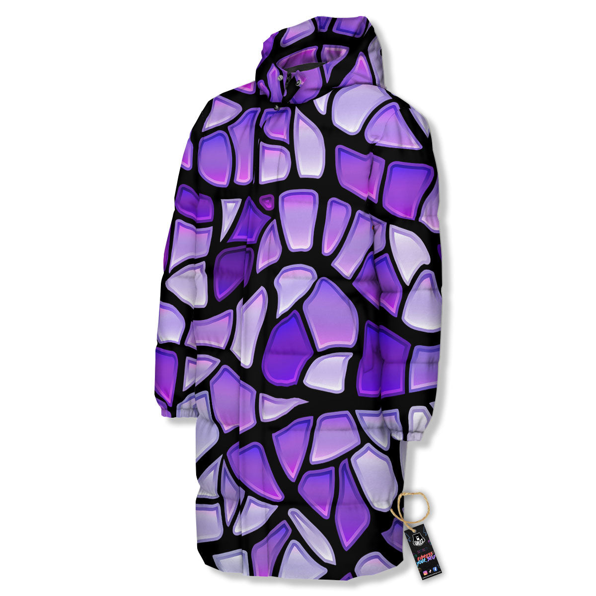 Stained Glass Mosaic Purple Print Long Down Jacket-grizzshop