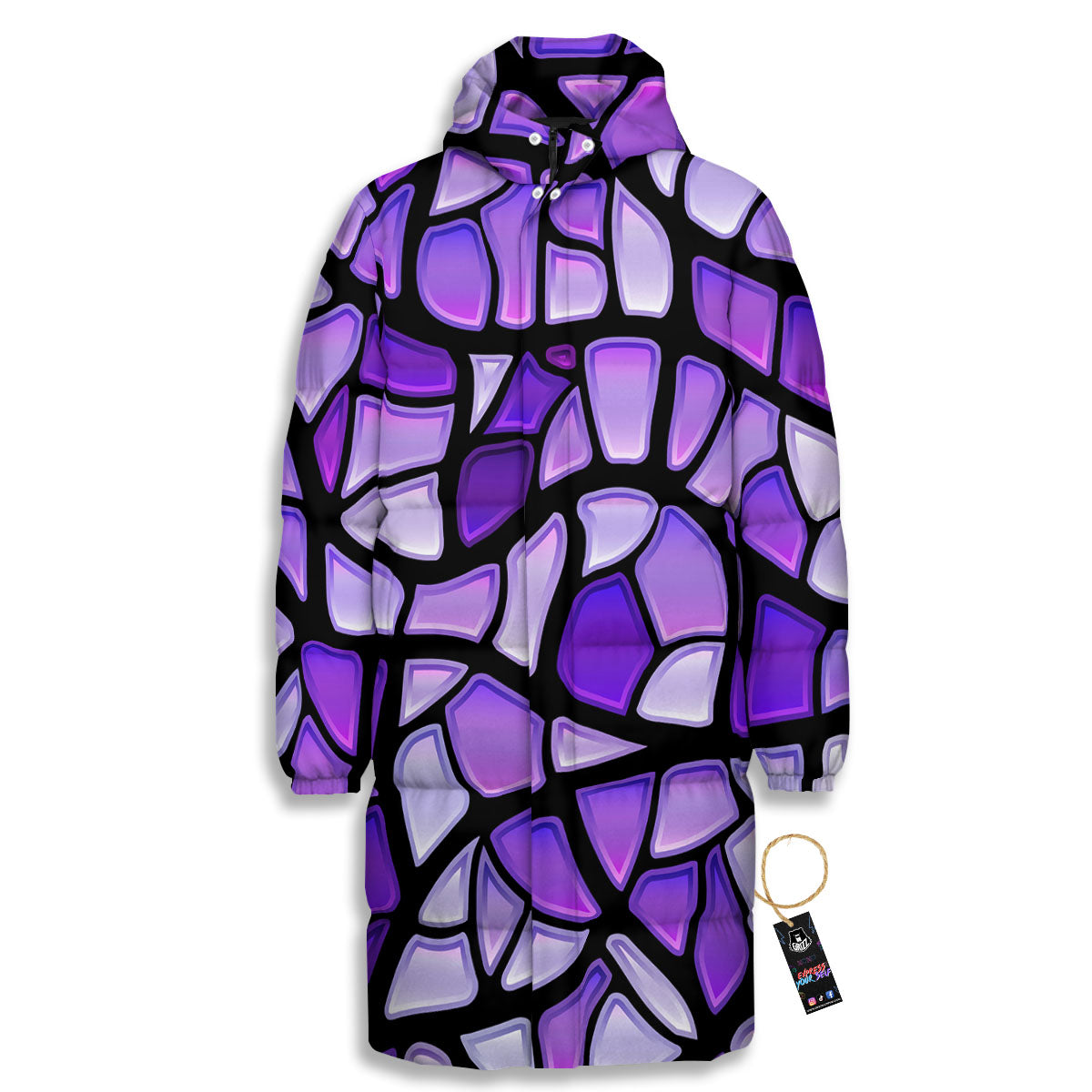 Stained Glass Mosaic Purple Print Long Down Jacket-grizzshop