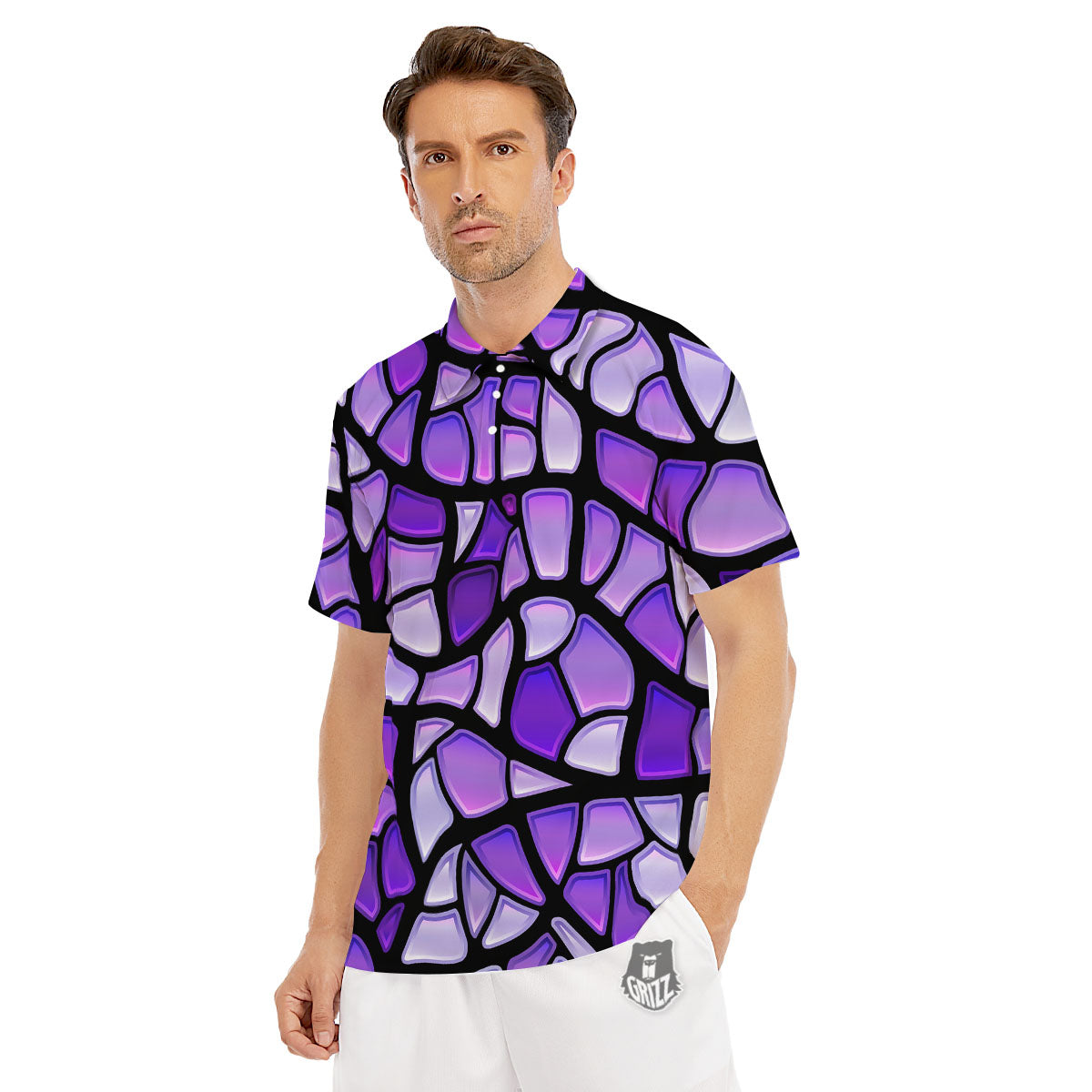 Stained Glass Mosaic Purple Print Men's Golf Shirts-grizzshop