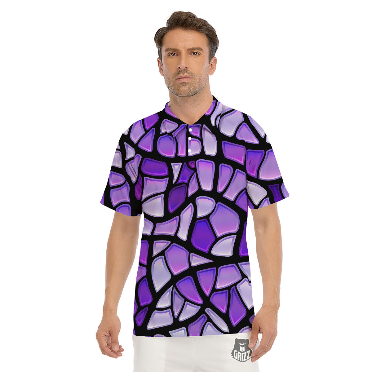 Stained Glass Mosaic Purple Print Men's Golf Shirts-grizzshop