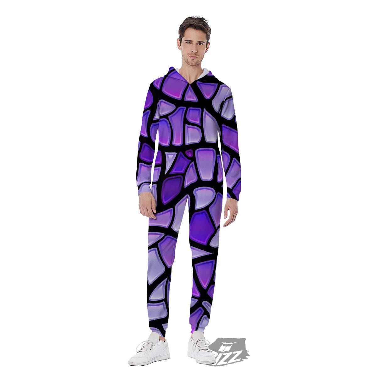 Stained Glass Mosaic Purple Print Men's Jumpsuit-grizzshop