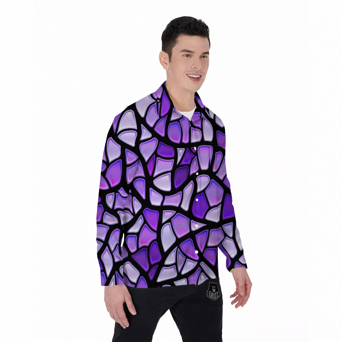 Stained Glass Mosaic Purple Print Men's Long Sleeve Shirts-grizzshop