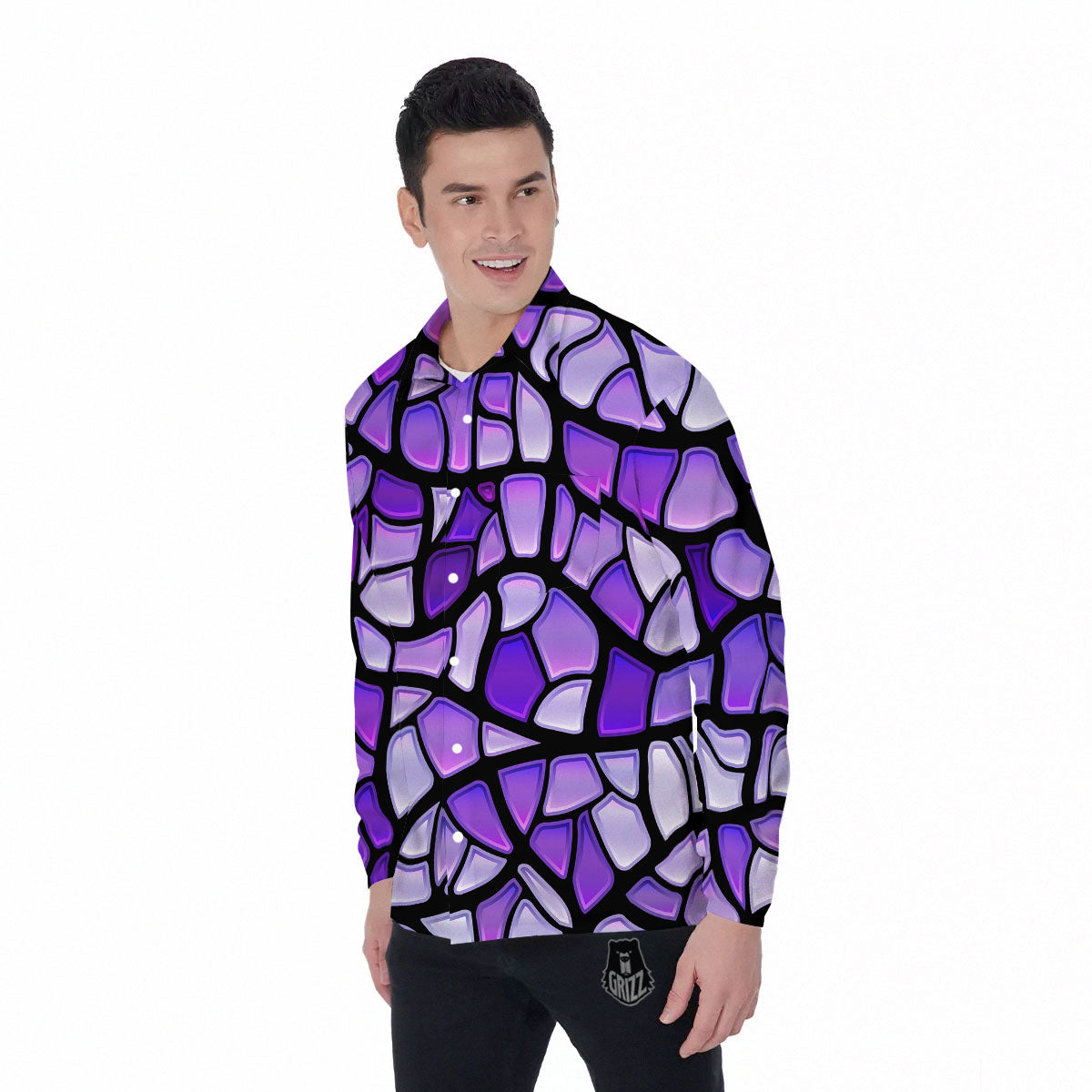 Stained Glass Mosaic Purple Print Men's Long Sleeve Shirts-grizzshop