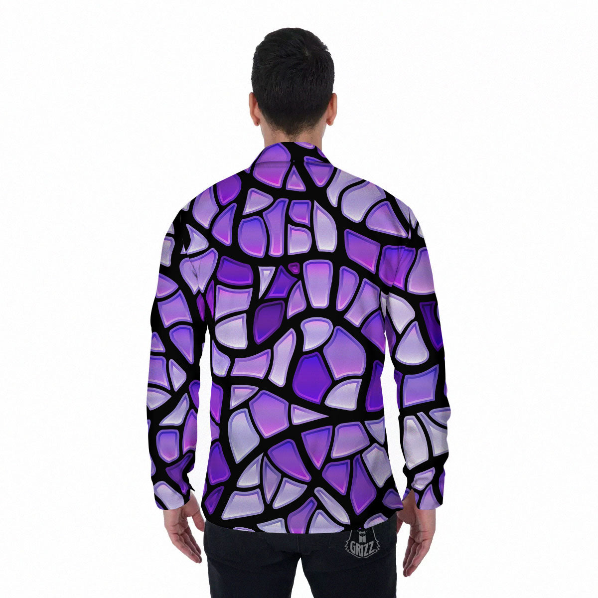 Stained Glass Mosaic Purple Print Men's Long Sleeve Shirts-grizzshop