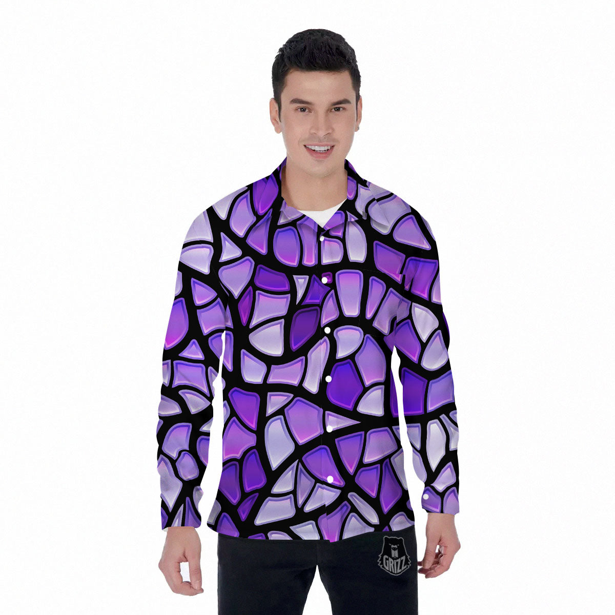 Stained Glass Mosaic Purple Print Men's Long Sleeve Shirts-grizzshop