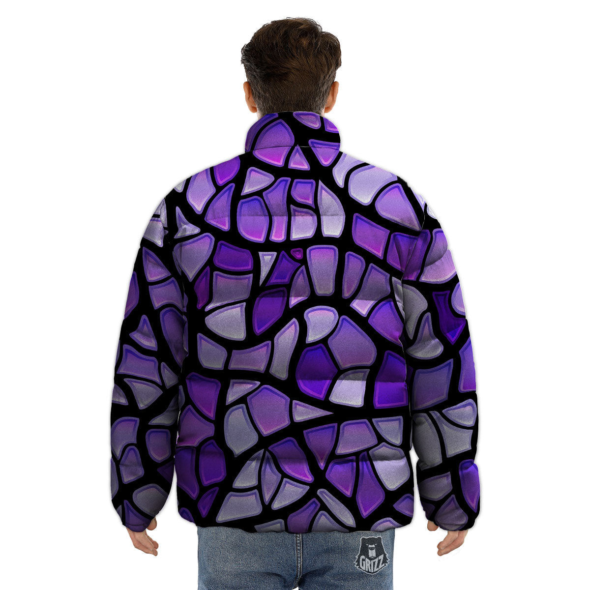Stained Glass Mosaic Purple Print Puffer Jacket-grizzshop