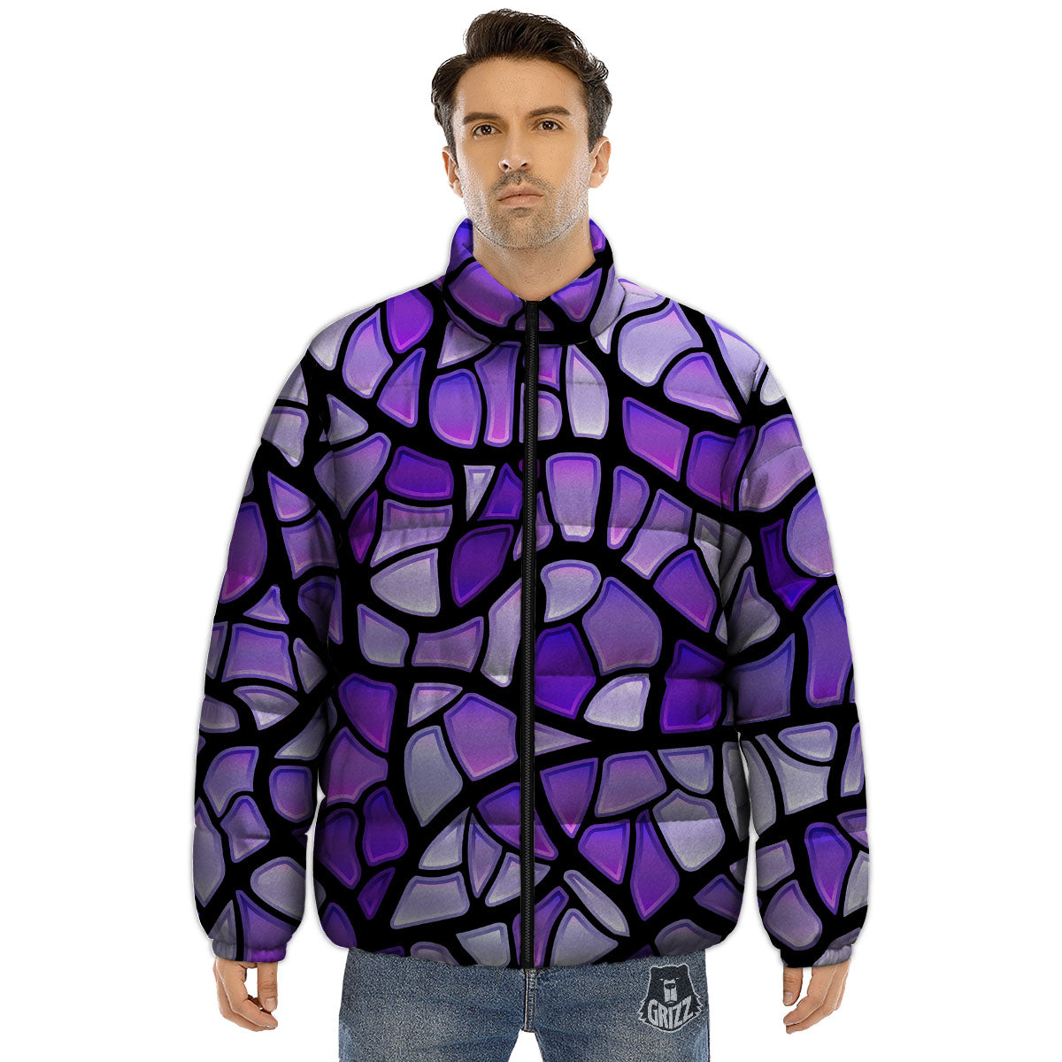 Stained Glass Mosaic Purple Print Puffer Jacket-grizzshop