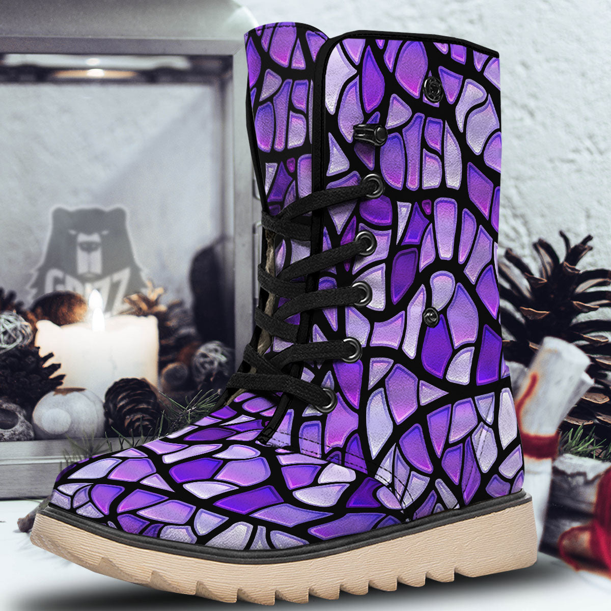 Stained Glass Mosaic Purple Print Snow Boots-grizzshop