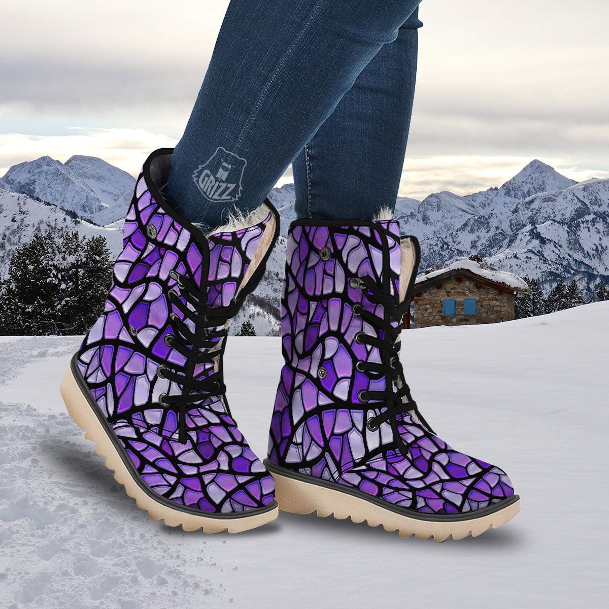 Stained Glass Mosaic Purple Print Snow Boots-grizzshop