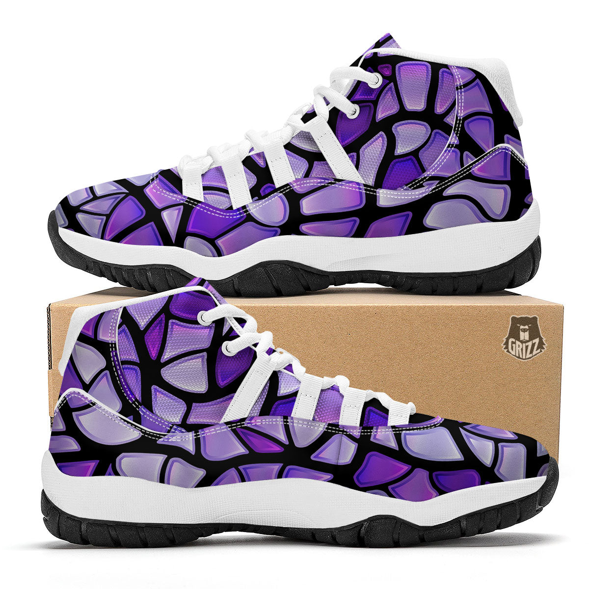 Stained Glass Mosaic Purple Print White Bball Shoes-grizzshop
