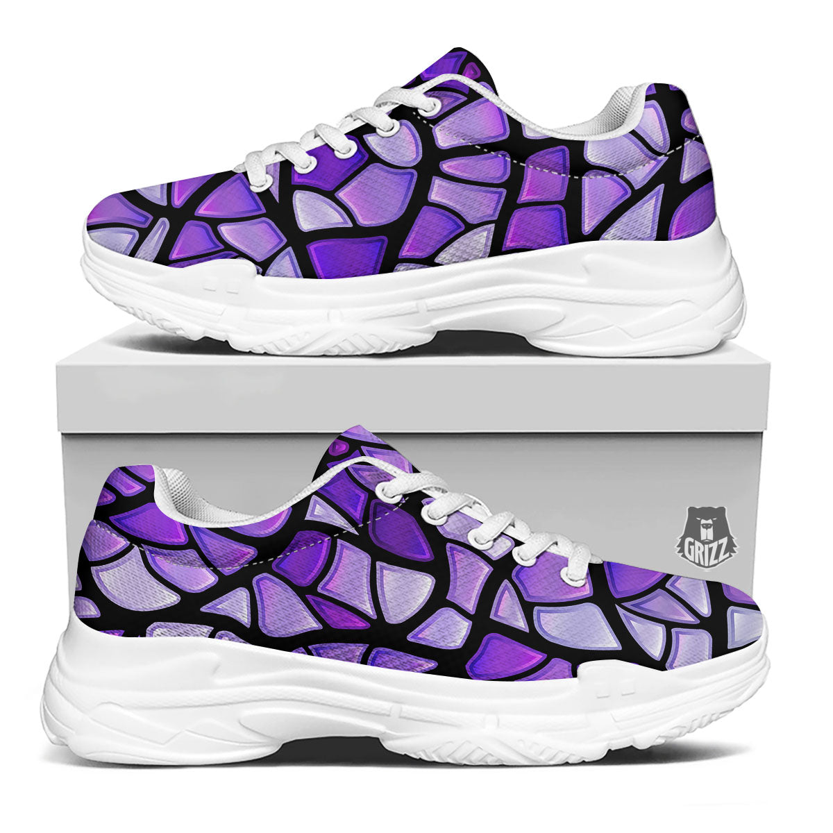 Stained Glass Mosaic Purple Print White Chunky Shoes-grizzshop