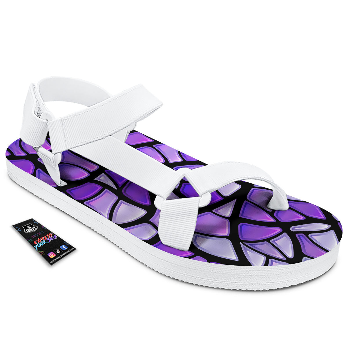 Stained Glass Mosaic Purple Print White Open Toe Sandals-grizzshop