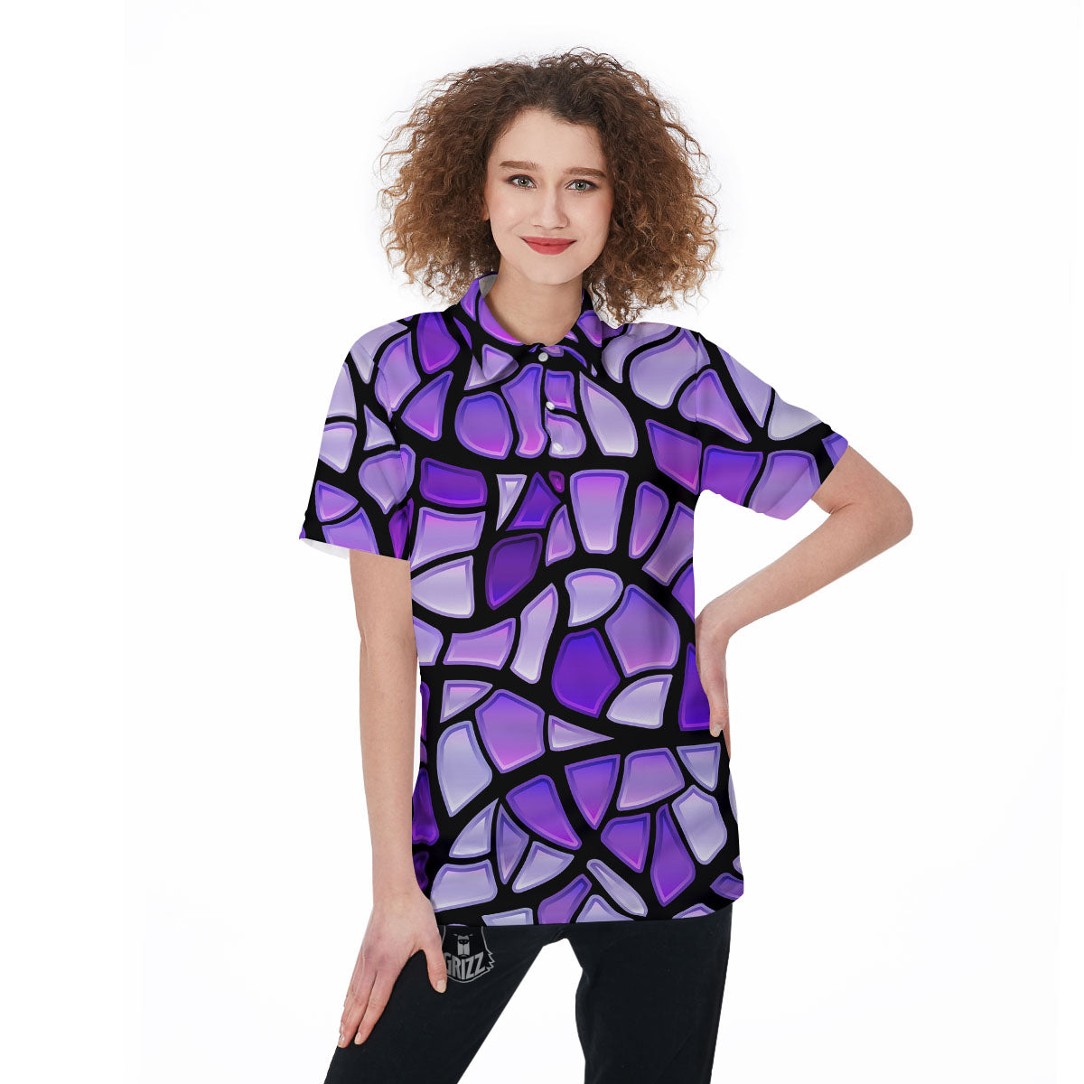 Stained Glass Mosaic Purple Print Women's Golf Shirts-grizzshop